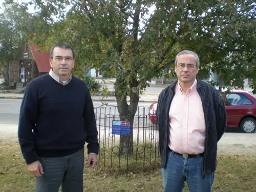 Los integrantes de la euskal etxea sabalera Alberto Bonjour Ansoleaga y Javier Urricariet frente al retoño del Arbol de Gernika que crece en José Lacaze plantado por la… · Euskal Etxea Juan L. Lacaze
